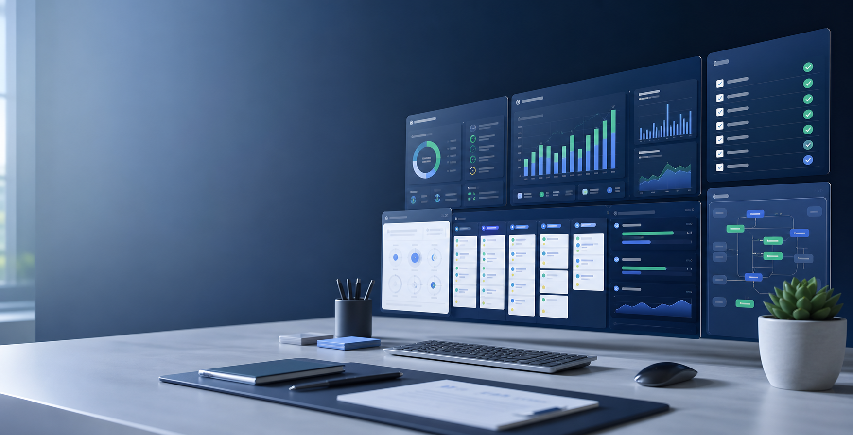 Illustrative operations dashboard with workflow and reporting panels