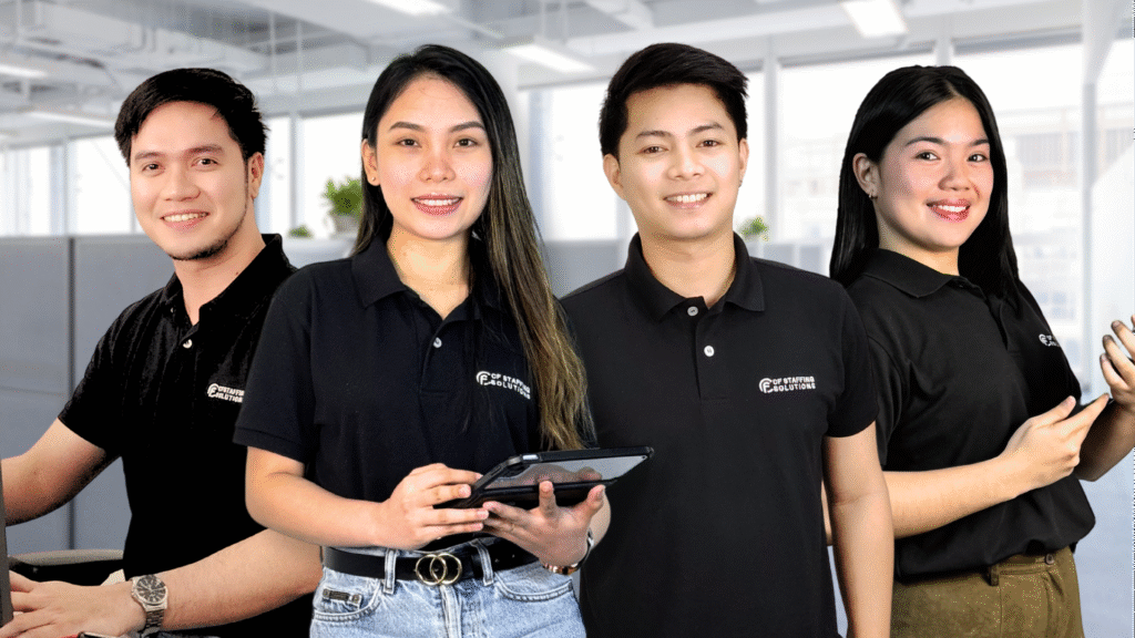 CF Outsourcing Solutions team collaborating in a modern office – professional outsourcing services in the Philippines for U.S. clients in IT, healthcare, and customer support. We are the top outsourcing company in the Philippines.