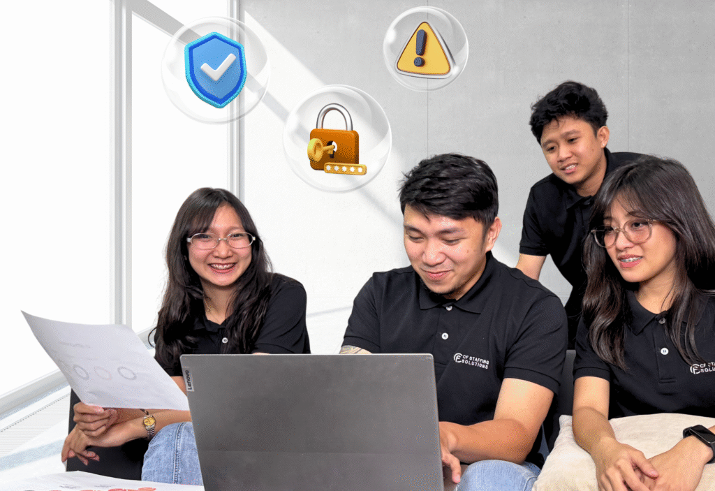 CF Outsourcing Solutions team collaborating in a modern office – professional outsourcing services in the Philippines for U.S. clients in IT, healthcare, and customer support. We are the top outsourcing company in the Philippines.