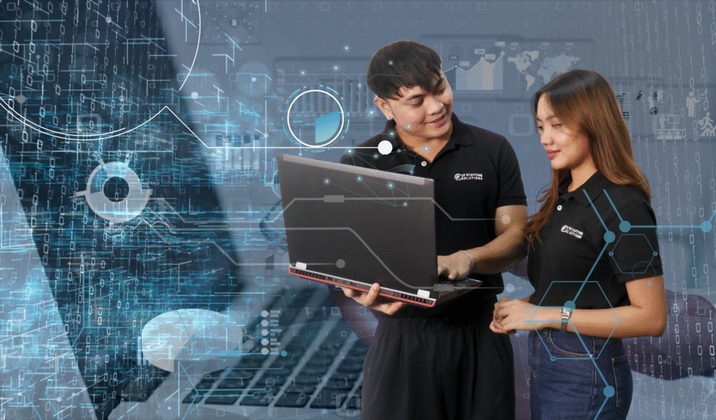CF Outsourcing Solutions team collaborating in a modern office – professional outsourcing services in the Philippines for U.S. clients in IT, healthcare, and customer support. We are the top outsourcing company in the Philippines.